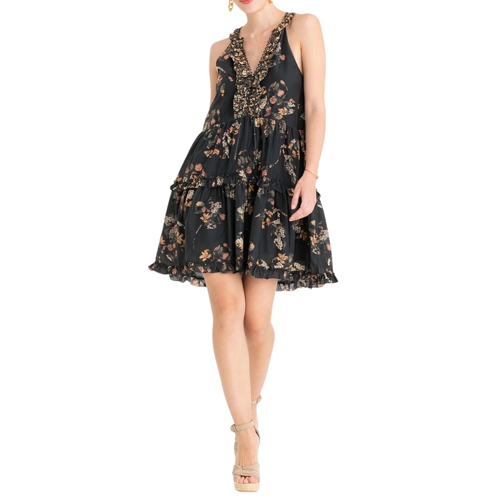SECRET MISSION Isabel Floral Tiered Mini Dress Dark Floral Small Boho $425